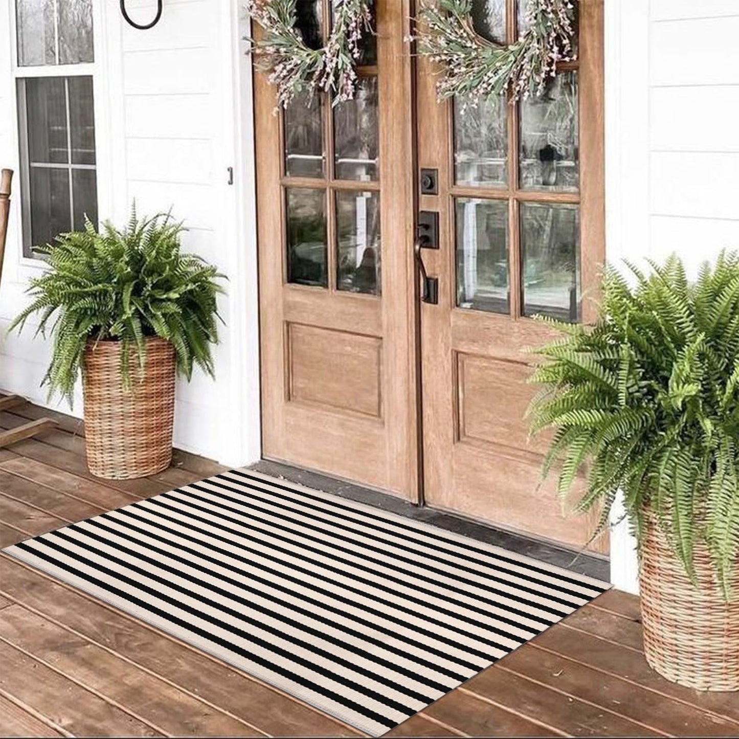 Black and White Striped Rugs, 28x43 Inches Outdoor Front Porch Doormat Cotton Hand-Woven Farmhouse Layered Door Mats for Front Porch, Patio, Entryway, Laundry Room