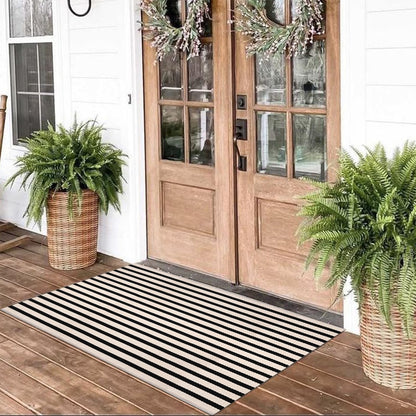 Black and White Striped Rugs, 28x43 Inches Outdoor Front Porch Doormat Cotton Hand-Woven Farmhouse Layered Door Mats for Front Porch, Patio, Entryway, Laundry Room