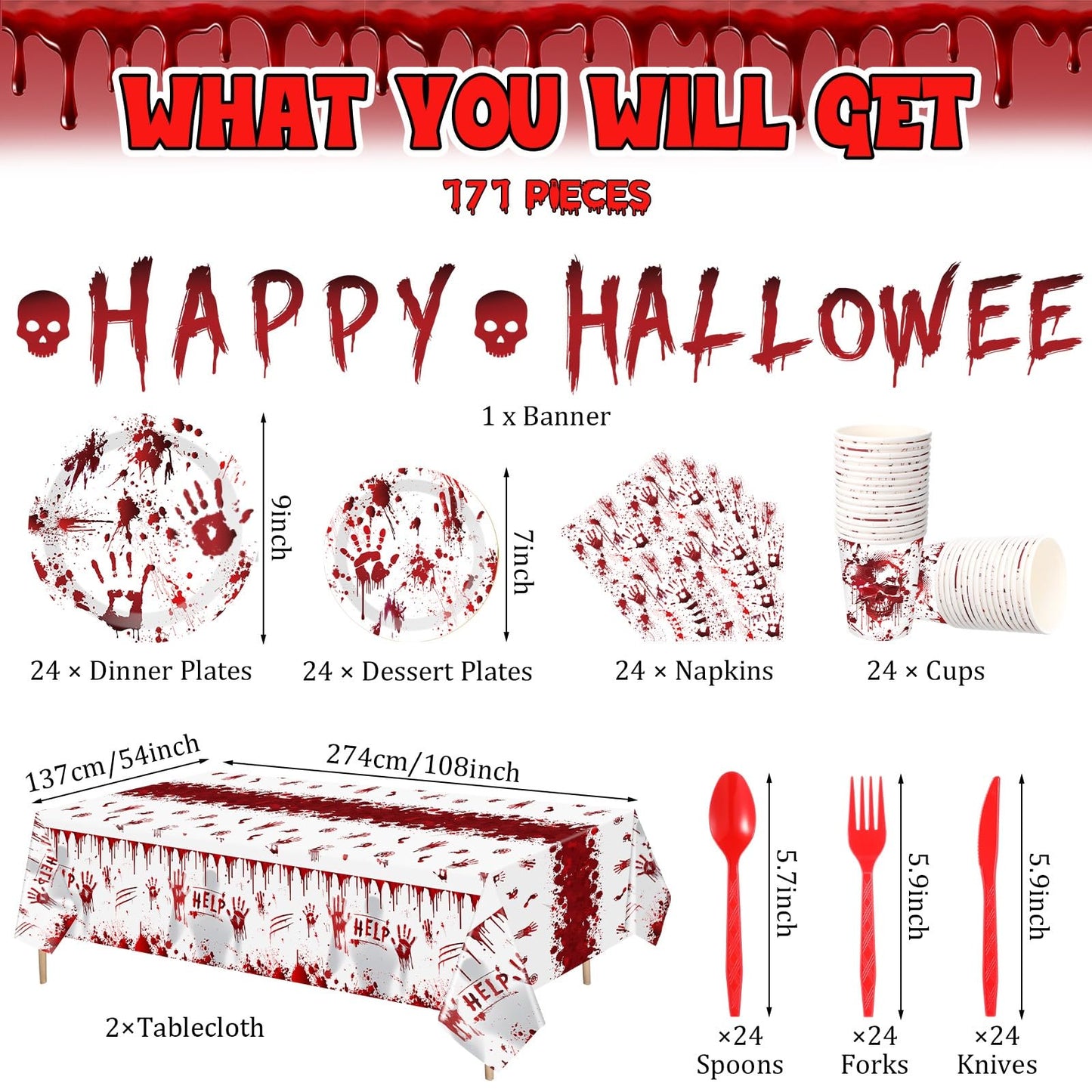 Peryiter 171 Pcs Halloween Party Supplies Disposable Tableware Set Halloween Plate Cup Napkin Spoon Fork Knives Banner Plastic Tablecloth Dinnerware Kit for Party Decorations Serves 24 (Bloody Zombie)