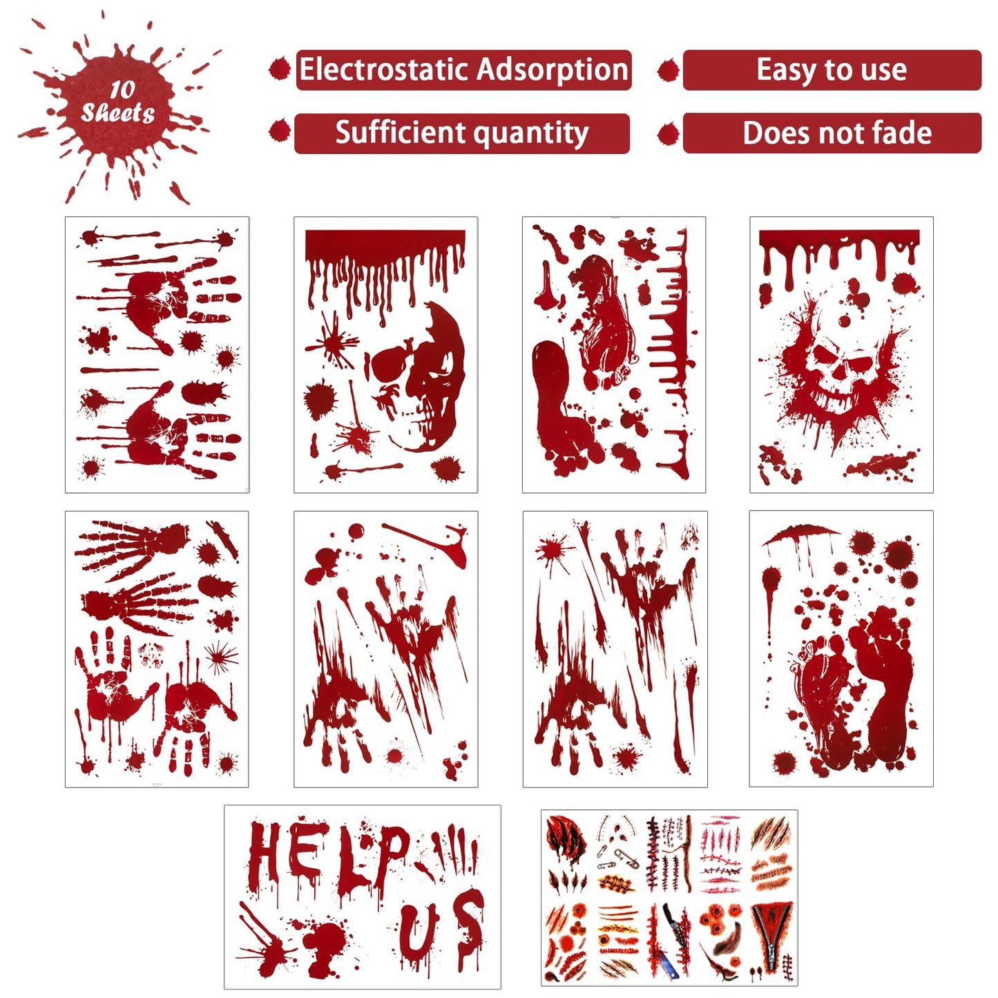 Llewyn Halloween Decorations Window Clings - 9 Sheets 90 Pcs Bloody Handprint Footprints Stickers with 10 Pcs Tattoo Stickers, Double Sided Static Wall Floor Decals for Horror Bathroom Zombie Party