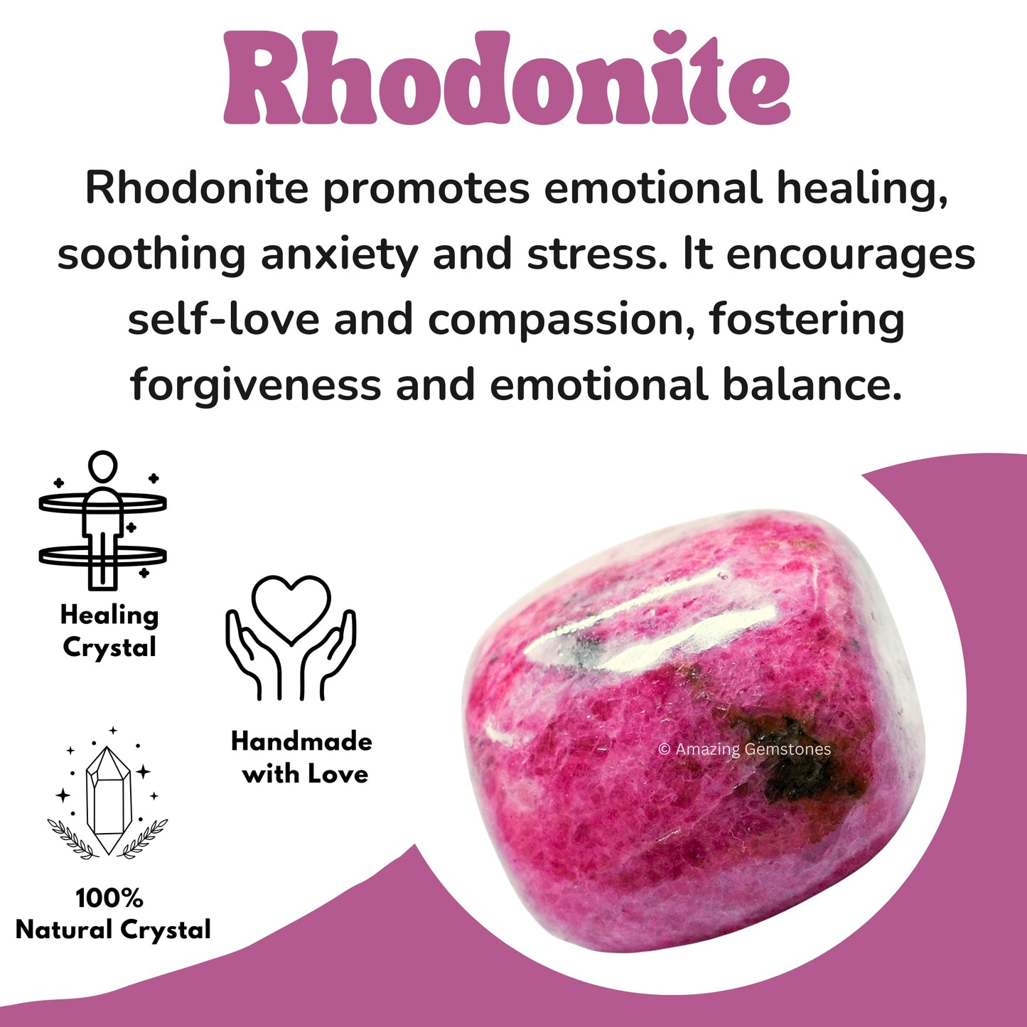 Rhodonite Crystals and Healing Stones Tumbled - 1 oz Rhodonite Stone Gem Stones, Natural Healing Stones for Energy Balance, Stress Relief - Premium Polished Gems Rocks for Meditation and Wellness