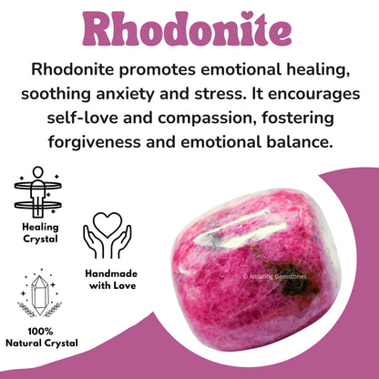 Rhodonite Crystals and Healing Stones Tumbled - 1 oz Rhodonite Stone Gem Stones, Natural Healing Stones for Energy Balance, Stress Relief - Premium Polished Gems Rocks for Meditation and Wellness
