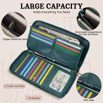 APHISON Wallet Women Large Capacity Clutch Purse For Ladies Card Holder RFID Wristlet Phone Zipper Coin Travel Pocket