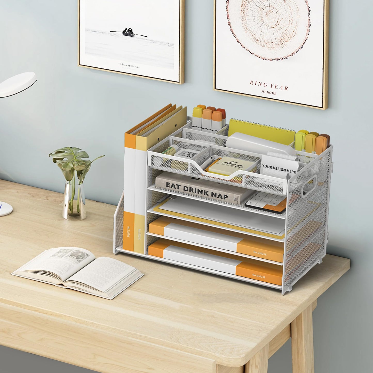 OrgMate 5 Tier Paper Letter Tray with File Holder and 3 Drop-in Pen Holders, Mesh Desk File Organizer with Handle, Desk Organizers and Accessories for School,Home, Office Supplies Storage-White