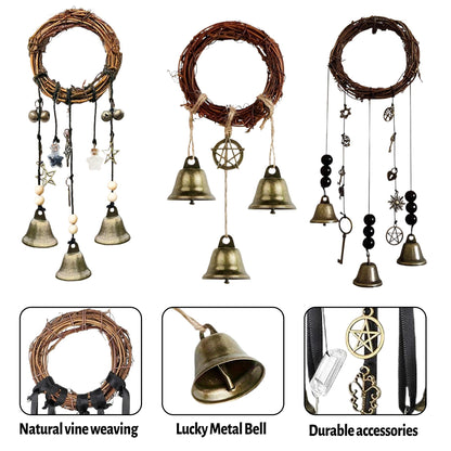 4 Pcs Witch Bells Protection Door Knob Hanger Witch Wind Chime, 3.1 Inch Wreath Handmade Door Hanger Bell for Clear Negative Energy Witchcraft,Home Door Doorknob Witchcraft Decor Supplies(Round Bell)