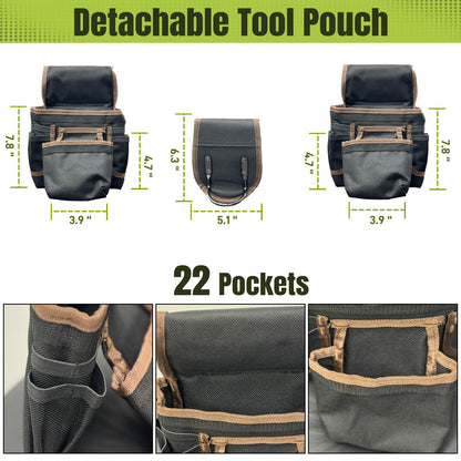 Tool Belt for Men, 32 to 66 Inches Adjustable Waist, Electrician and Carpenter Tool Belt with Suspenders for Construction and Gardening, Black and Brown, Oxford Fabric