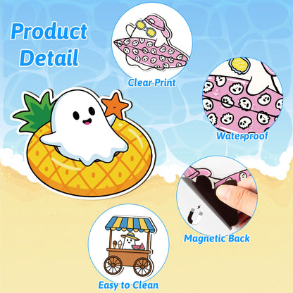 Eartim Summerween Spooky Fridge Magnet - 25Pcs Cartoon Summer Fruit Ice Cream Pumpkin Ghost Refrigerator Magnetic Sticker for Summer Theme Kids Birthday Party Refrigerator Class Bulletin Board Decor