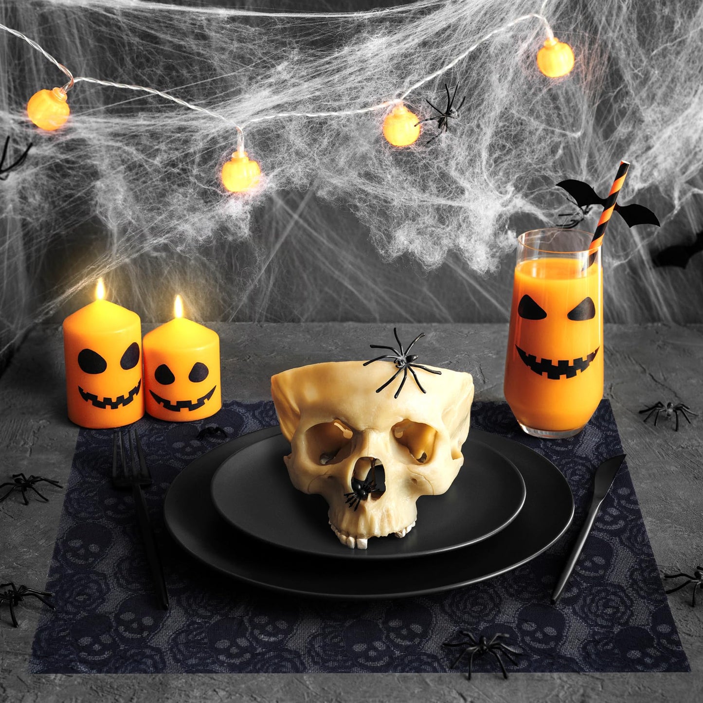 6pcs Placemats- Black lace Placemats 12 * 17 inches fo Halloween Decor, Skull Rose Design Dinning Table mats for Cocktail Party, Halloween, Wedding, Tea Party and Home Decor Projects. (6 pcs)
