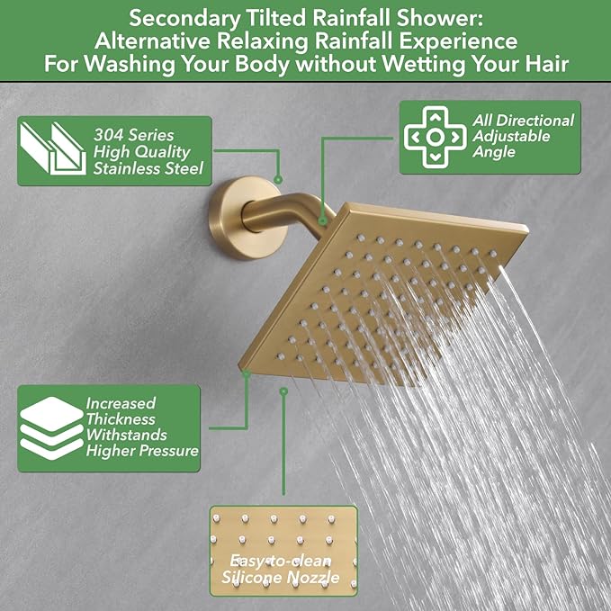 VANFOXLE Shower Faucet Set Brushed Gold Shower System, Push Button Diverter Shower Faucet with Trim Kit, Ceiling Mount 10 Inch Shower Head Increased Thick, 6 Inch Side Shower Head, 2-in-1 Handheld