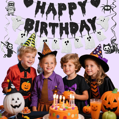 Black Glitter Halloween Birthday Banner White Ghost Garland Halloween Birthdays Party Decorations for Spooky Birthday Decorations Supplies
