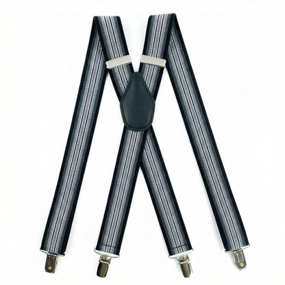 SUITUA Suspenders for Men 1¼" Classic X-Back Clip-on - Adjustable Elastic Suspenders for Jeans, Dress Pants, Wedding & Groomsmen (Triple Black Gradient Stripe)