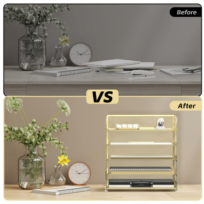 Supeasy 5 Trays Paper Organizer Letter Tray with Handle-Mesh Desk File Organizer, Paper Sorter Desk Organizer for Office, Home or School (Golden)
