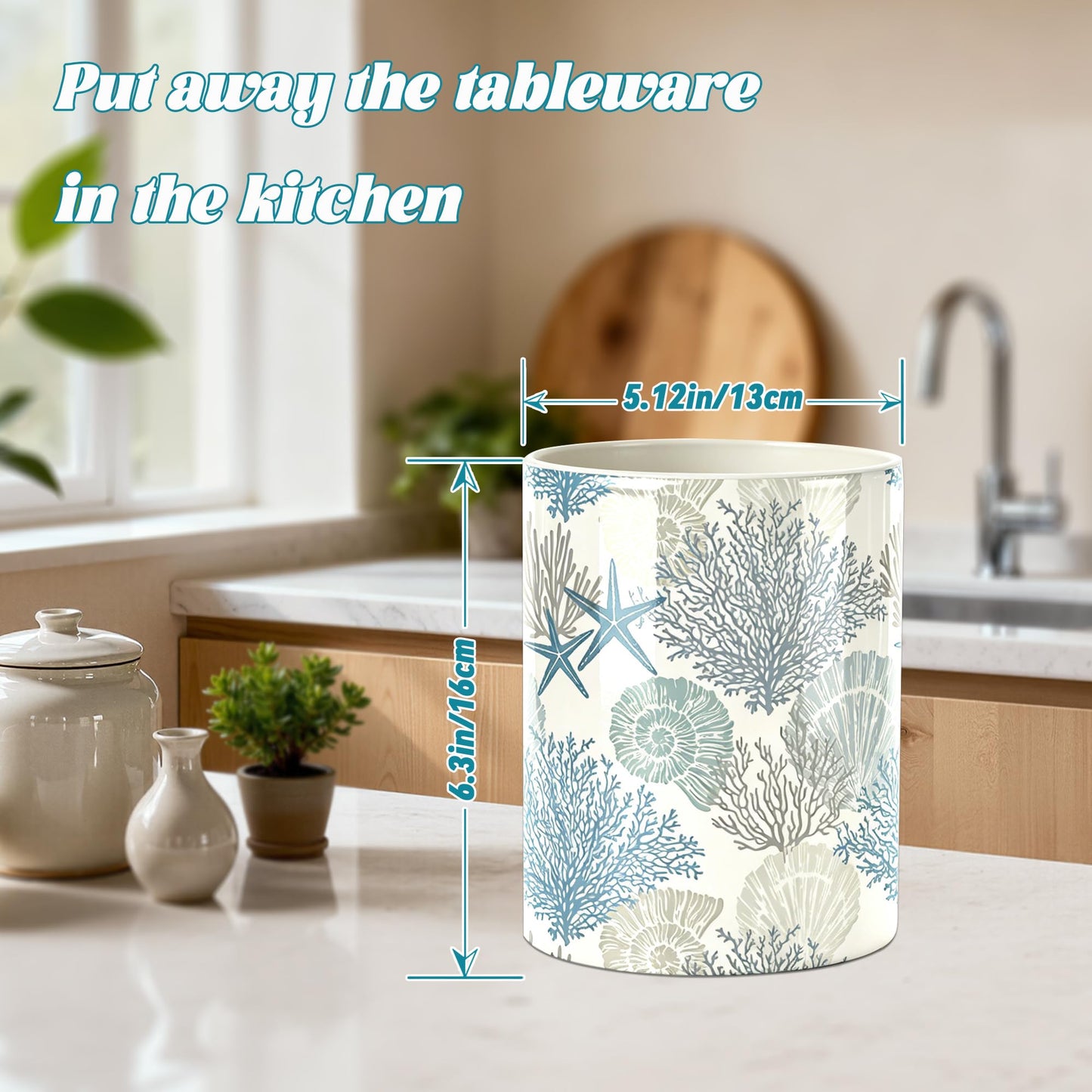 Coastal Utensil Holder, Sea Coastal Ceramic Kitchen Utensil Holder, Utensil Crock for Home Kitchen Countertop Storage Organizer Container, Large Holder for Spatulas, Spoons, Kitchen Counter Decor, 6"