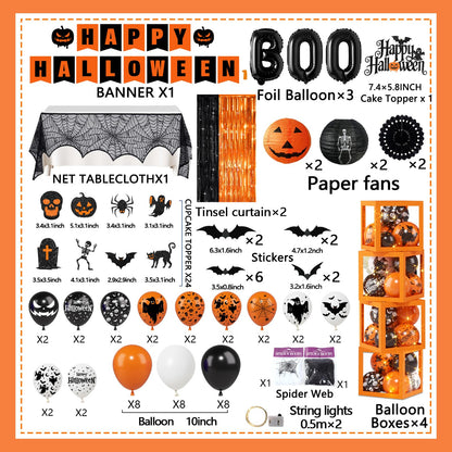 Halloween Party Decorations, Halloween Decorations Kit includes Ghost Balloons Boxes Spider Web Tablecloth Black Orange Foil Curtains, Boo Party Supplies for Home Birthday Decoration