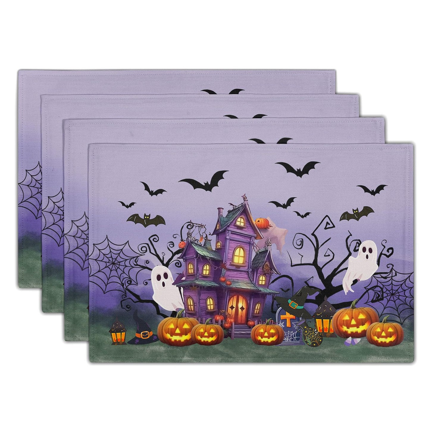 Khope Halloween Placemats Set of 4 Spider Web Pumpkin Purple Rustic Holiday Washable Heat Resistant Rectangle Dinner Mats for Party Kitchen Dining Decoration 12x18 Inch