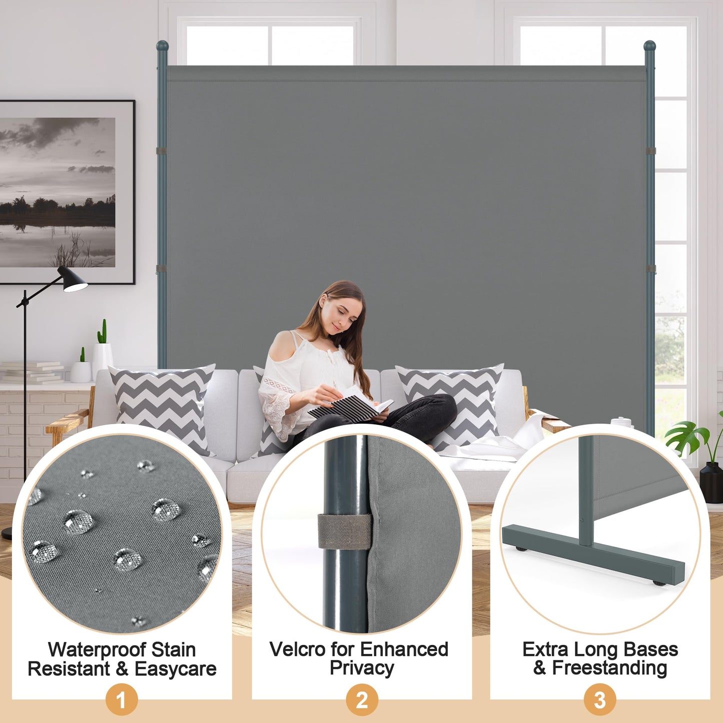 Yettsoy 6FT Extra Thick Single Panel Room Divider, Heavy Duty Privacy Partition Screen Wall Divider for Room Separation, Freestanding 71" W Room Divider Panel for Dorm Studio Office, Grey