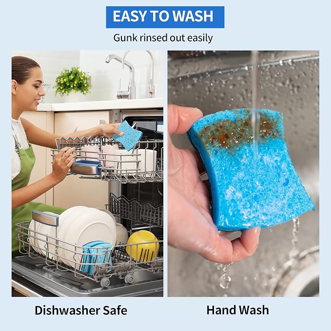 Non-Scratch Cellulose Scrub Sponges 12 Pack, Sponges Kitchen with Double-Side & Ergonomic Design for Dishes, Coated Cookware, Sink & Countertops.