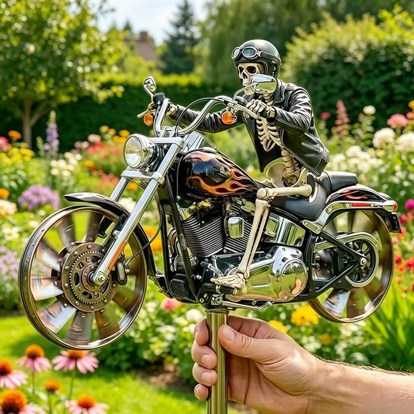 Skeleton Motorcycle Wind Spinner, Biker Skull Windmill Stake with Rotating Wheels, Resin Outdoor Sculpture Ornament for Patio Yard Garden1