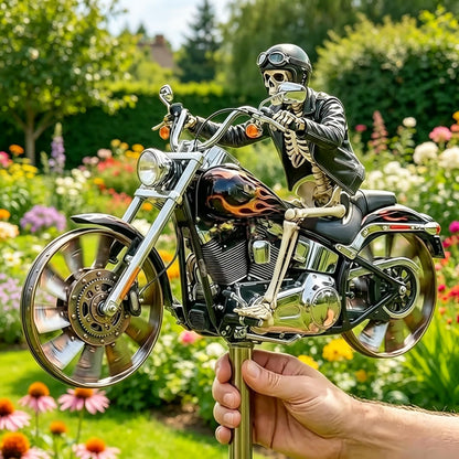 Skeleton Motorcycle Wind Spinner, Biker Skull Windmill Stake with Rotating Wheels, Resin Outdoor Sculpture Ornament for Patio Yard Garden1