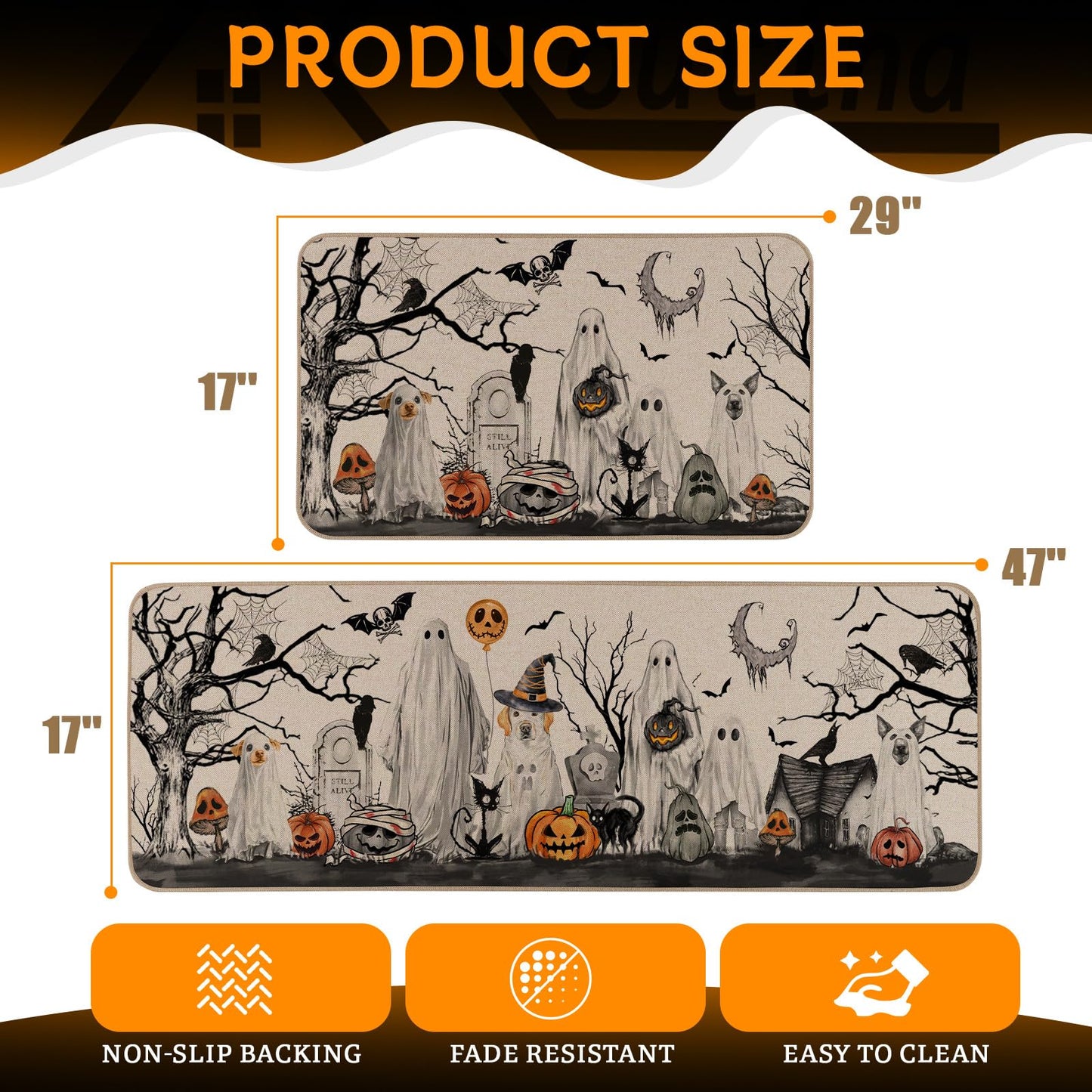 Moutina Halloween Boo Dog Ghost Decorative Kitchen Rugs Set of 2, Halloween Holiday Party Home Decor Low-Profile Kitchen Mats for Floor - 17x29 and 17x47 Inch