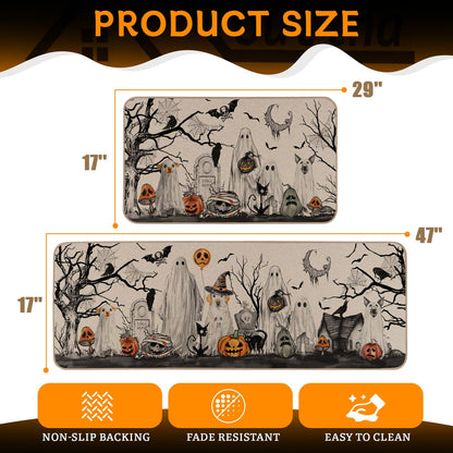Moutina Halloween Boo Dog Ghost Decorative Kitchen Rugs Set of 2, Halloween Holiday Party Home Decor Low-Profile Kitchen Mats for Floor - 17x29 and 17x47 Inch