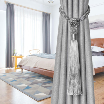NICEEC 4 Pack Long Tassel Curtain Tiebacks Handmade Braided Rope Knot Drape Tie Backs European Style Decorative Curtain Holdbacks for Home & Office Window Drapery (Grey)