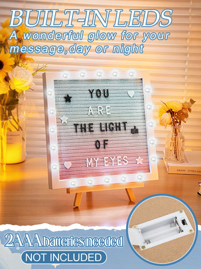 Gradient Felt Letter Board with LED Lights - 10 ×10" Custom Message Board with Changeable Letters & Stand, First Day of School Sign/Graduation/Pregnancy/Baby Announcement/Wedding/Classroom Decor