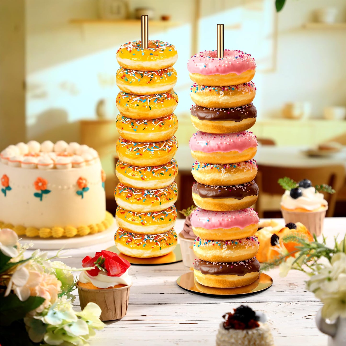 Otoolling 2 Pcs Metal Donut Display Stand Tower Bagel Holder Cake Stand Dessert Table Doughnut Holder Display Tower for Birthday Wedding Party and Donut Themed Party Decorations (Gold)