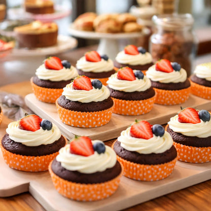 Restaurantware Panificio 4 Ounce Baking Cups 200 Ridged Cupcake Liners - Oven-Ready Freezable Orange Paper Muffin Cases Disposable Polka-Dotted For Wedding Parties Baby Showers