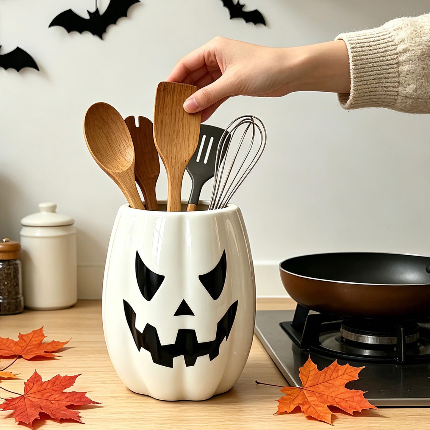 pinata Halloween Kitchen Decor Ceramic White Pumpkin Utensil Holder, Cute Halloween Utensils Holder, Ceramic Utensils Crock for Rustic Farmhouse Indoor Kitchen Decorations(6.3 Inches)