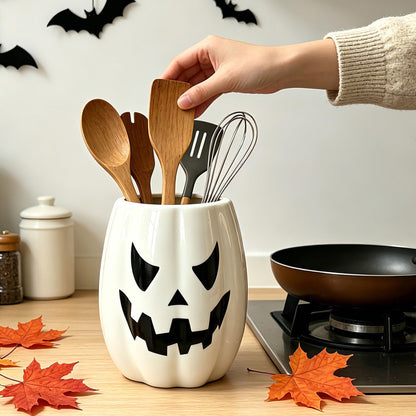 pinata Halloween Kitchen Decor Ceramic White Pumpkin Utensil Holder, Cute Halloween Utensils Holder, Ceramic Utensils Crock for Rustic Farmhouse Indoor Kitchen Decorations(6.3 Inches)