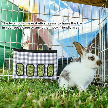 Rabbit Hay Feeder Bag, Large Capacity Rabbit Hay Bag Small Animal Hanging Hay Bag 600D Oxford Cloth Bunny Hay Feeder Bag for Rabbits Guinea Pigs Chinchillas (Plaid-4 Holes-1Pcs)