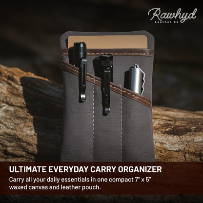RAW HYD Waxed Canvas EDC Pocket Organizer for Men – Water-Repellent Pouch Tool Used for Daily Carry - Compact Pocket Wallet with Zipper & Slots for Flashlight, Notebook & EDC Gear