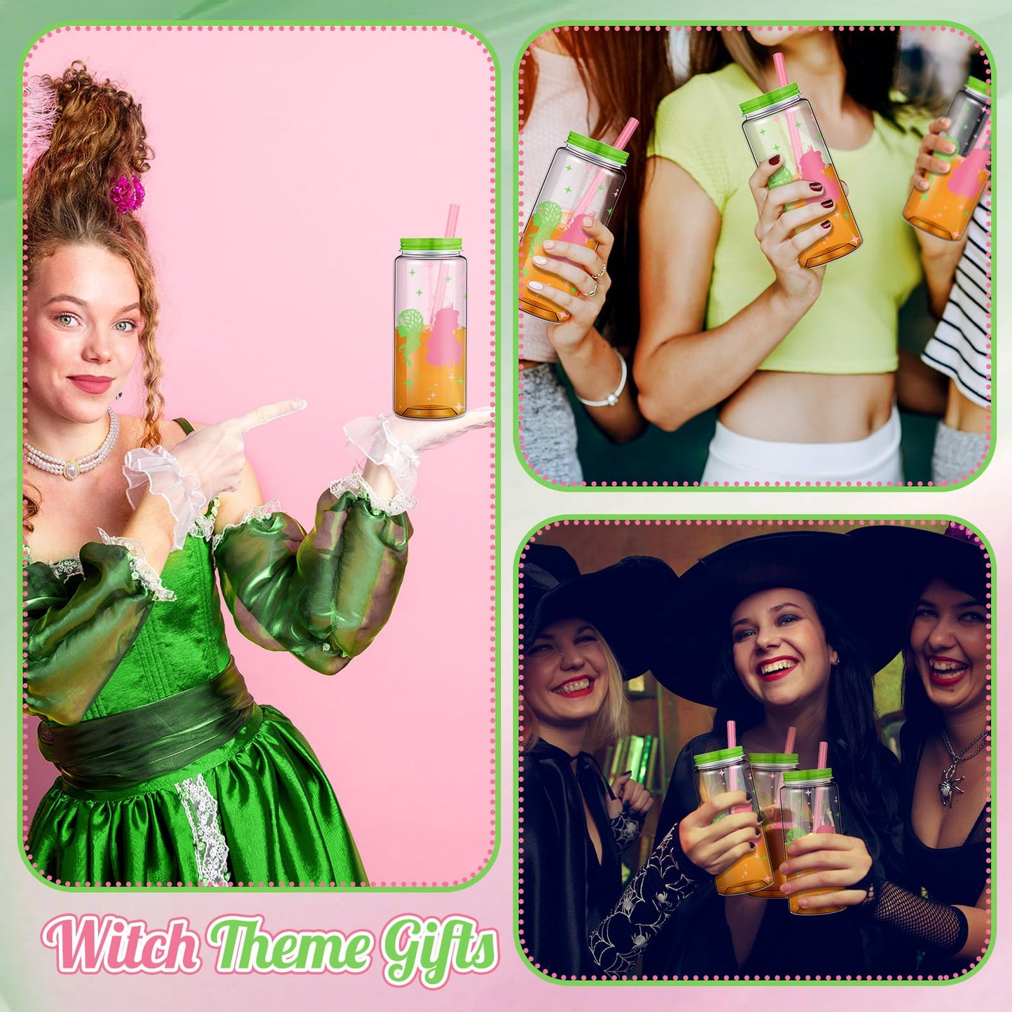25 Pcs Witch Theme Party Decorations Bulk Reusable Plastic Cups 13.5 oz Pink and Green Drinking Tumblers with Lids Straws Witch Princess Party Favor Cup for Wizard Friendship Galentine Valentine Gift