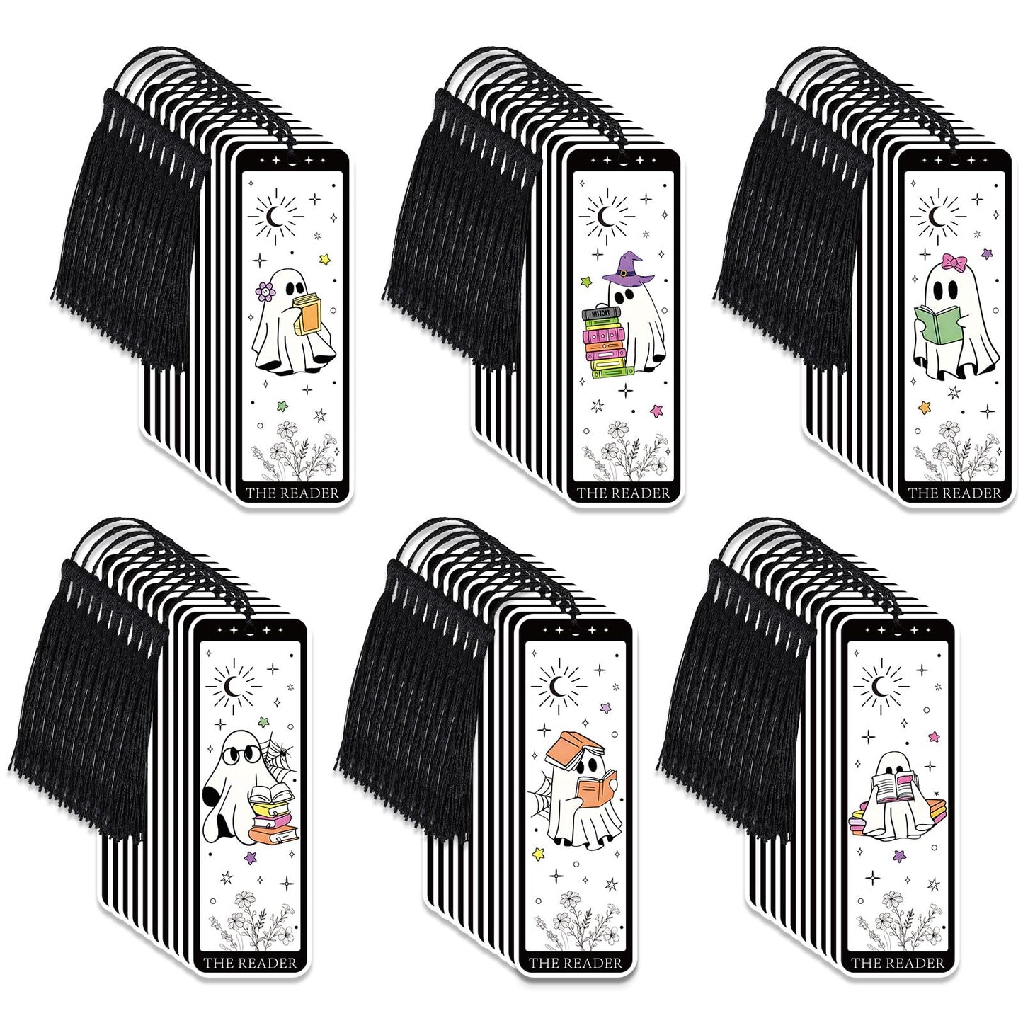 Whaline 60 Pcs Halloween Ghost Bookmark Cute Cartoon Reading Ghost Book Page Markers with Tassels for Book Lovers Student Teacher Home Classroom Supplies, Double-Sided