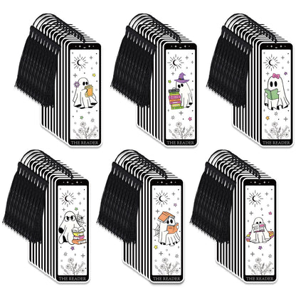 Whaline 60 Pcs Halloween Ghost Bookmark Cute Cartoon Reading Ghost Book Page Markers with Tassels for Book Lovers Student Teacher Home Classroom Supplies, Double-Sided
