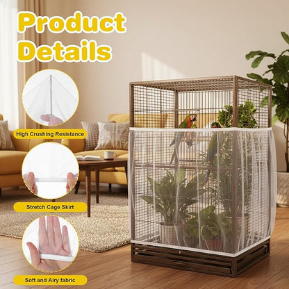 Grevosea 3 Pcs Bird Cage Seed Catcher, Large Bird Cage Cover Stretchy Adjustable Nylon Mesh Birds Cages Net Skirt for Parrot Parakeet Macaw African Round Square Cages Accessories (White)