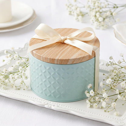 Lurrose Small Round Cookie Tins with Wood Lids Airtight, 6"D x 8"H Metal Cookie Jar, Small Empty Biscuit Tin Tinplate, Foods Storage Container Tin for Candy Cookies, Tea Canister(Blue)