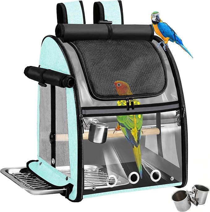 Sanmoncare Bird Carrier Backpack with Stainless Steel Mesh, Parrot Travel Cage with Stand, Easy to Clean, Portable Conures Travel Bag, Pet Breathable Travel Cage