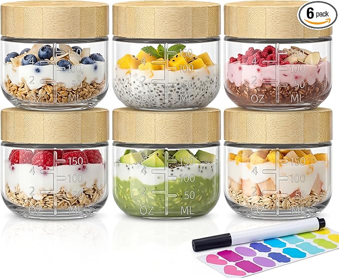 6oz Glass Jars with Airtight Lids - 6 Pack Overnight Oats Containers with Bamboo Lids, Small Food Containers with Measurement for Yogurt, Salad, Chia, Wide Mouth Mason Jar with Lid for Food Storage