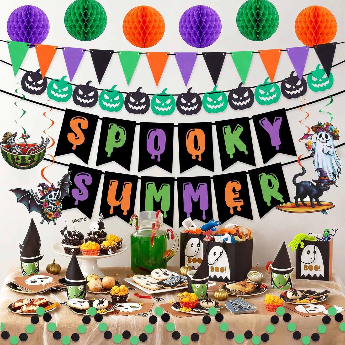 Crtiin Summer Halloween Banner Decorations Spooky Summer Hanging Banner with Honeycomb Balls Hawaii Halloween Paper Garland Photo Props Skeleton Mermaid Ghost Charms for Hallows Beach Party