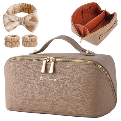 Cuteseason PU Leather Makeup Bag for Women, Structured Makeup Case with Wide Opening, Travel Cosmetic Bag with Compartments and Handle, Water-Resistant Makeup Organizer(Khaki, Lychee Grain)