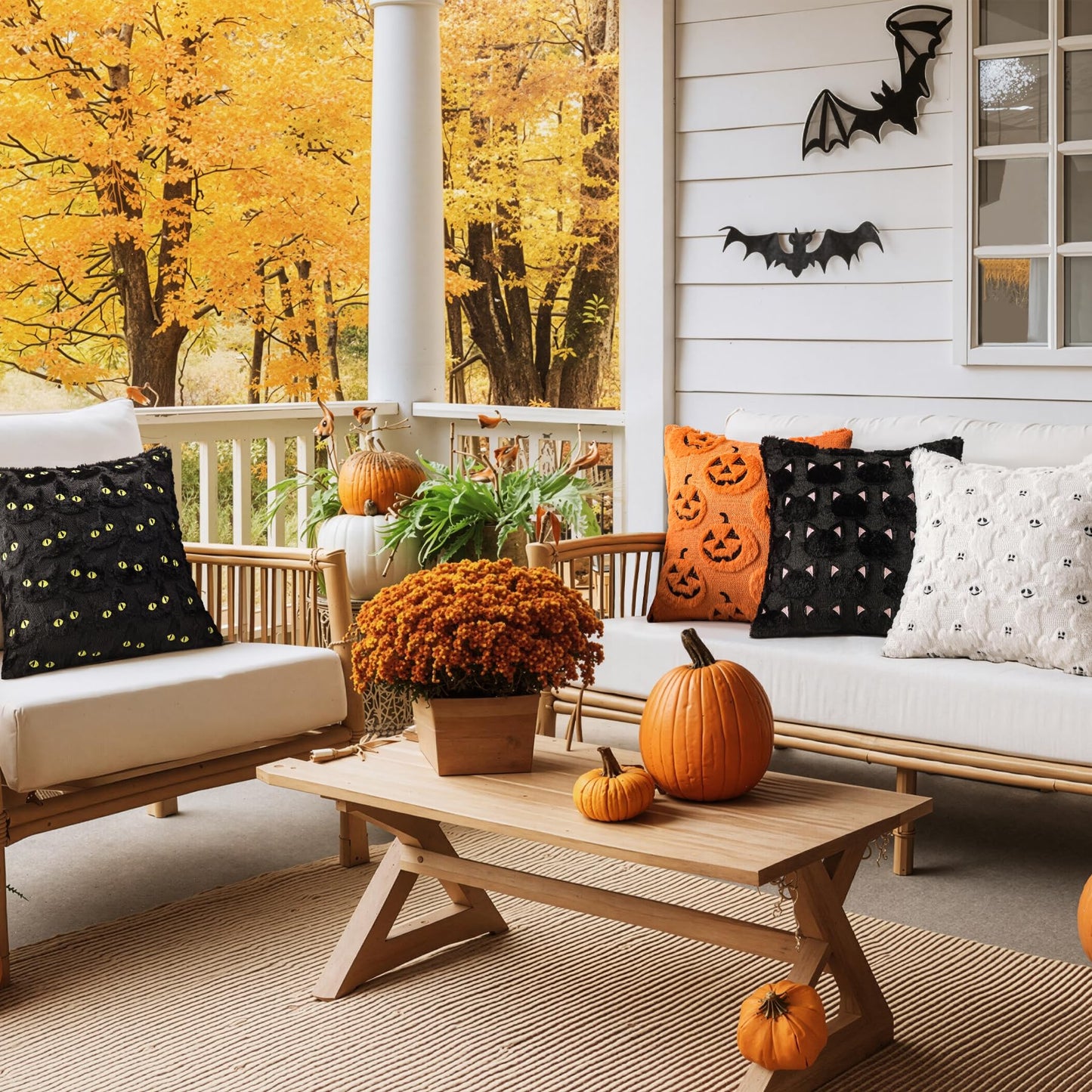 COSIBONO Halloween Black Cat Throw Pillow Covers 20x20 Inch Set of 2, Spooky Ghost Faux Fur Cushion Covers for Fall Decor, Soft Decorative Farmhouse Pillowcases for Sofa Bench Living Room (Pink)