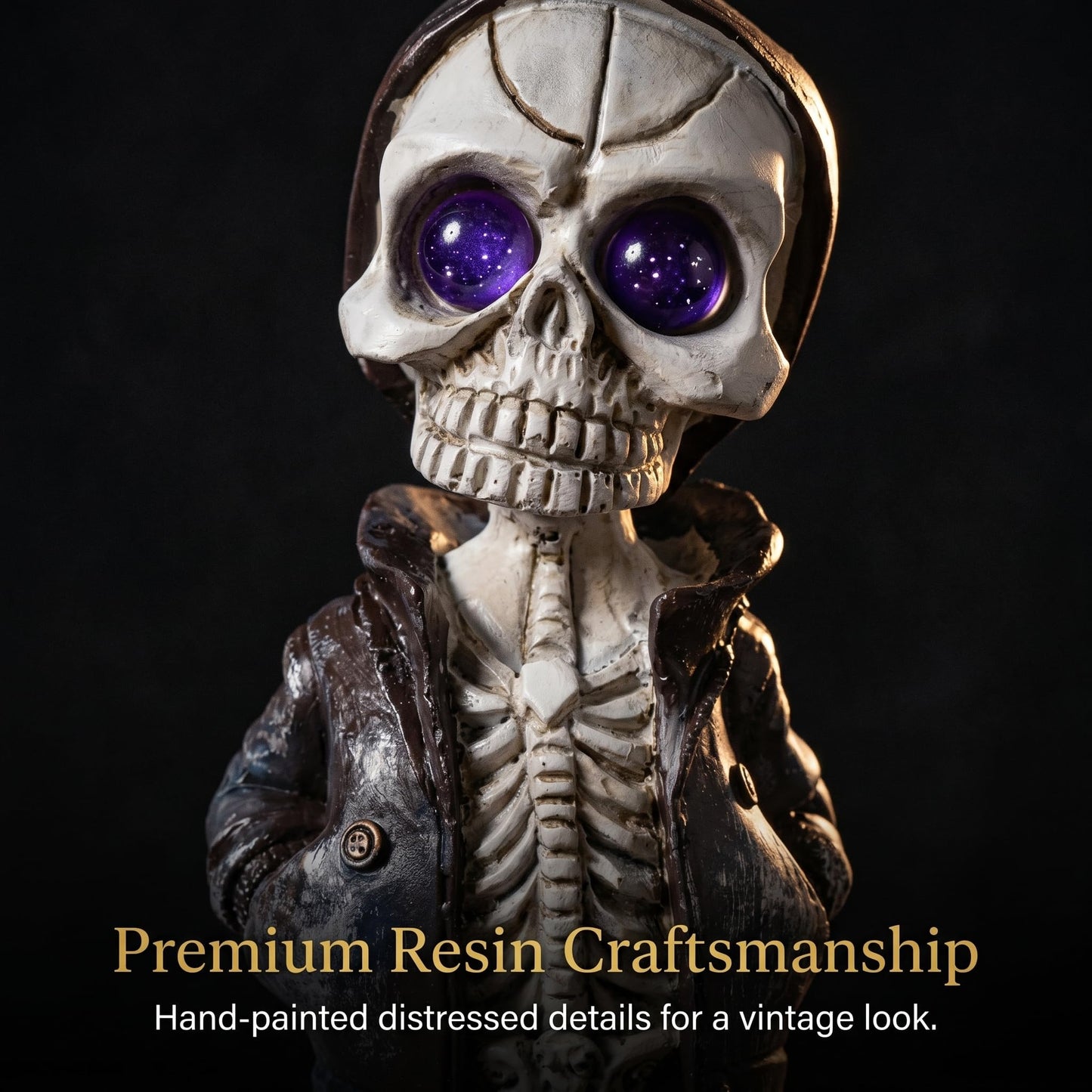 Brizoria Skeleton Decorations Skull Figurine in Hoodie with Purple Eyes Resin Gothic Tabletop Decor Small Skeleton Figure for Halloween Shelf Desk Skull Home Decor Display