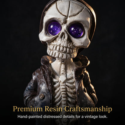 Brizoria Skeleton Decorations Skull Figurine in Hoodie with Purple Eyes Resin Gothic Tabletop Decor Small Skeleton Figure for Halloween Shelf Desk Skull Home Decor Display