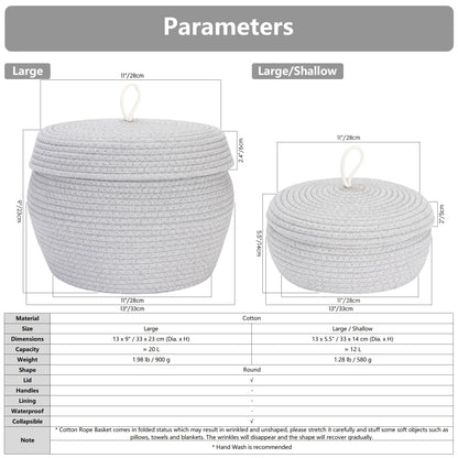 Sea Team Round Cotton Rope Storage Basket with Lid, Decorative Woven Storage Bin, Pot, Caddy, Organizer, Container for Snacks, Towels, Plants, 13 x 5.5 Inches (Large, Shallow, Cream)