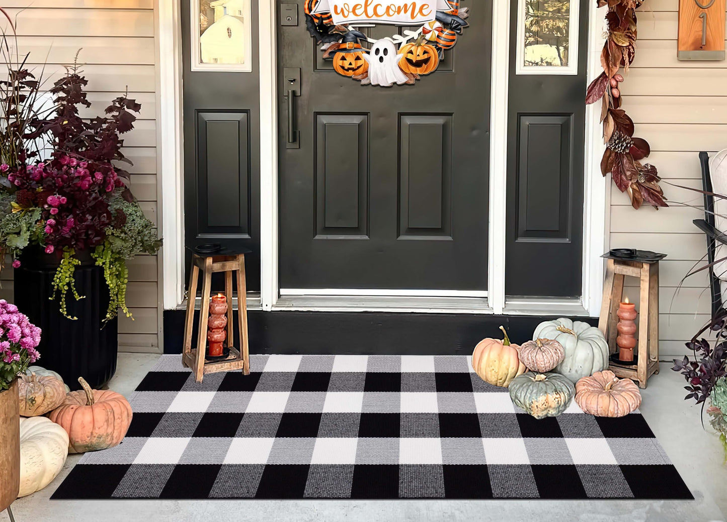 Buffalo Plaid Front Porch Rug 24''x 51''Black and White Checkered Outdoor Rug Cotton Machine Washable Farmhouse Mat for Outdoor, Kitchen, Farmhouse, Entryway,Bathroom