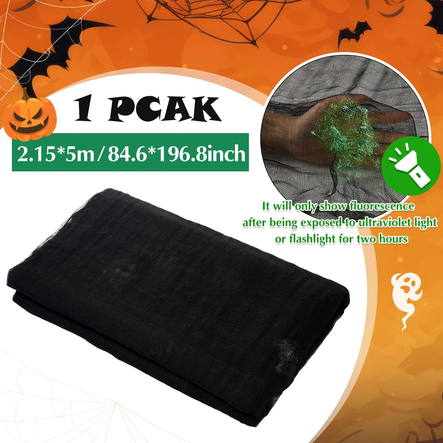 Boao 85" X 197" Halloween Cheesecloth Luminous Large Creepy Cloth for Crafts Halloween Gauze Fabric Decorations Haunted Cheesecloth for Stairway, Wall, Window, Outdoors Doorways Decor(Black-glow)