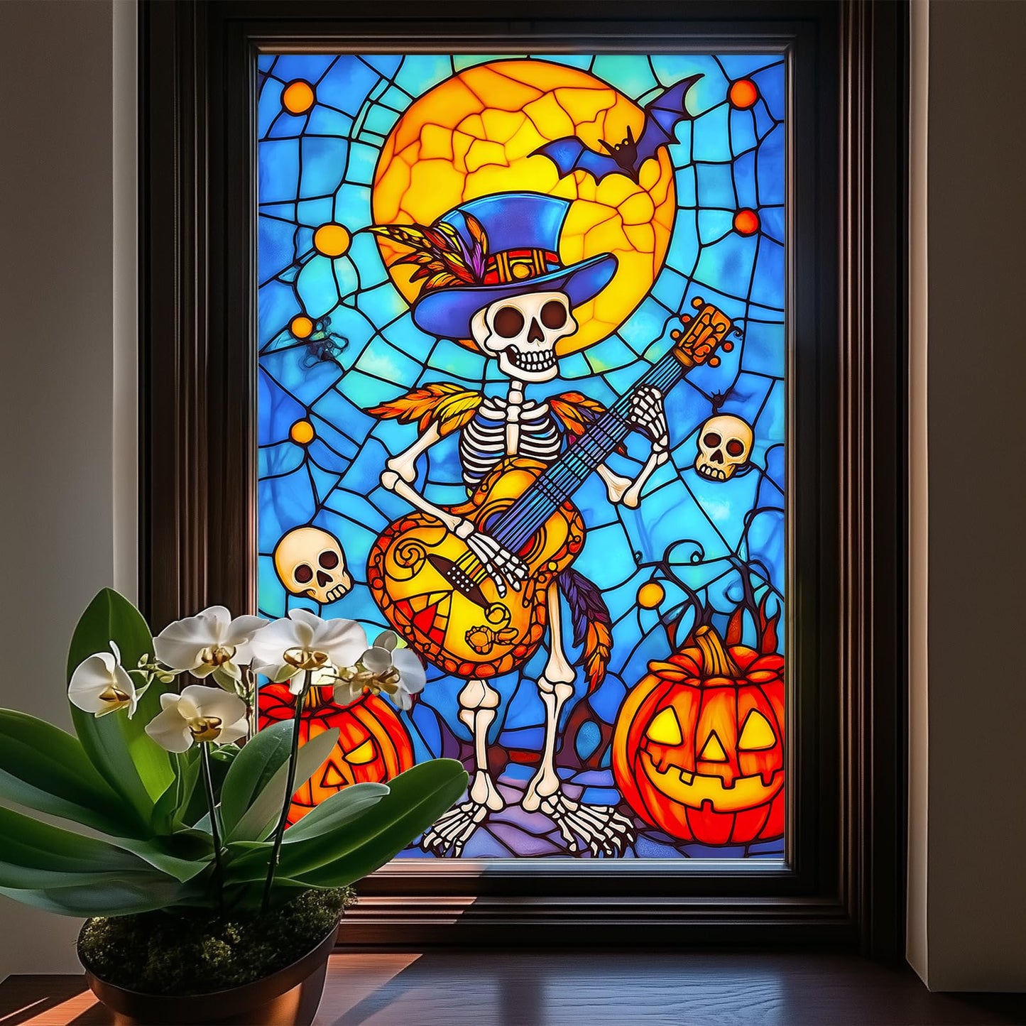 HOMETITUTE Halloween Skeleton Musician Window Film 31x47 Inch Decorative Window Film Pumpkin Guitar Skull Scene Stained Glass Cling for Mirror Door Privacy Decor for Home Party School Office