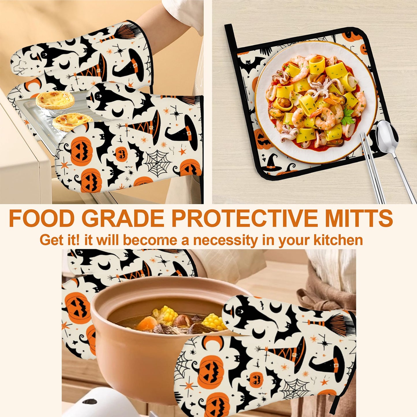 Halloween Pumpkin Bat Pattern Oven Gloves and Hot Pads Set - Heatproof Hand Protection for Baking, Grilling, Cooking 4Pcs